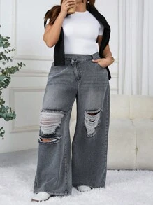 SHEIN CURVE+ Jeans larghi con tasche asimmetriche in vita e effetto vissuto per taglie comode da donna - Grigio - Visualizzare 4