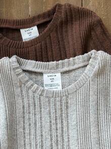 SHEIN 4pcs/Set Kids Casual Crew Neck Ribbed Knit Pajama Set,Autumn,Family Matching Sibling Outfits Snug Fit Girls Sweater Sets Comfortable & Warm Loungewear - Multicolor - View 4