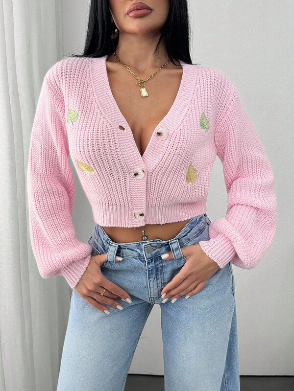 Chunky Baby Pink Knit Cardigan With Contrasting Green & Gold Leaf Embroidery – Naturecore Vibes