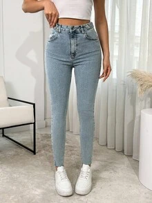 SHEIN Cottnline High Waist Button Detailed Skinny Jean - Medium Wash - View 4