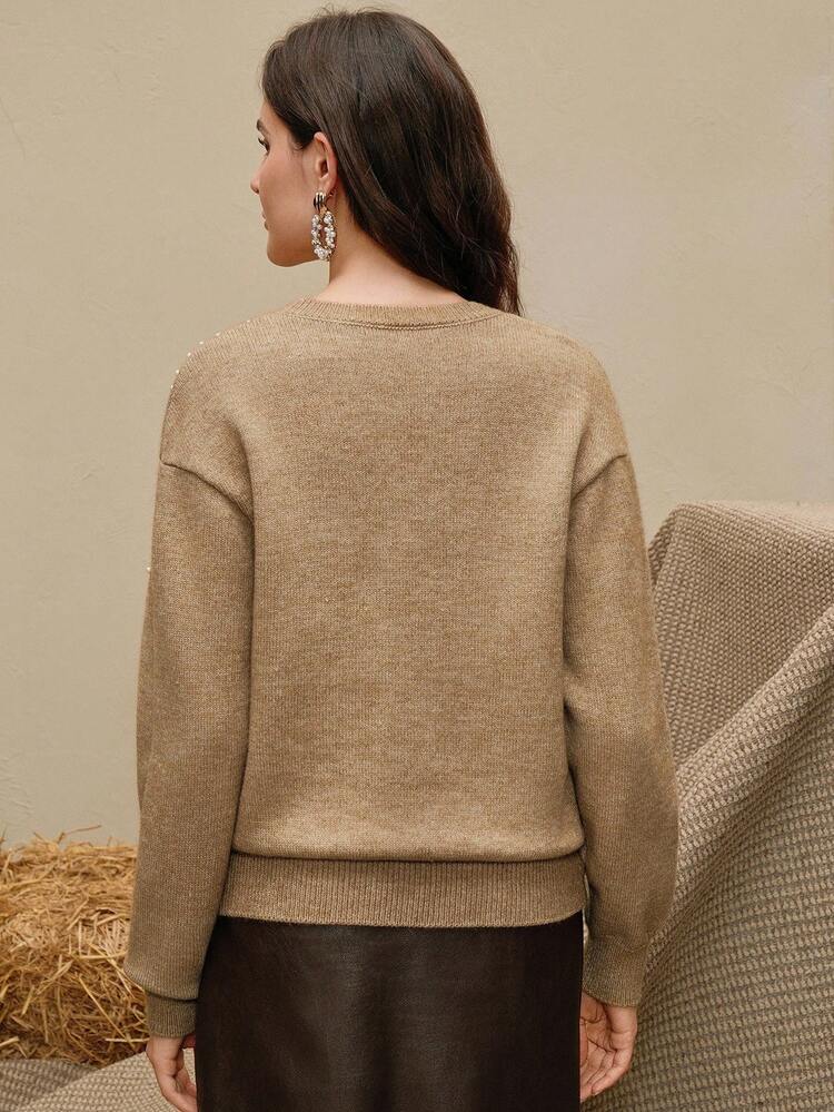 Anewsta Camel Crew Neck Long Sleeve Asymmetric Pearl Knit Sweater For Women, Suitable For Autumn/Winter, Christmas, Lunar New Year, Parties, Elegant, Luxury, Formal, Fashion, Business, Graduation