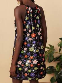 Travachic Robe d'été à col ras-du-cou avec fleurs et paillettes pour femmes