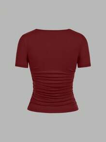 SHEIN EZwear Set de 4 camisetas de manga corta de cuello redondo de unicolor minimalista casual en negro, burdeos, gris y blanco, adecuadas para primavera/verano