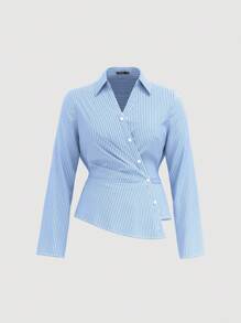 SHEIN MOD Blusa de mujer de talla grande con cuello vuelto, de manga larga y estampado de rayas azules y blancas, para uso casual en el trabajo, estilo de los 90, otoño, regreso a clases, blusas de mujer, blusas para salir, camisa de manga larga, blusas de trabajo para mujer, casual para la oficina