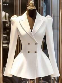 Franclia Elegant White Double-Breasted Cinched Waist Blazer For Commuting Fall Cloth For Women - White - View 1