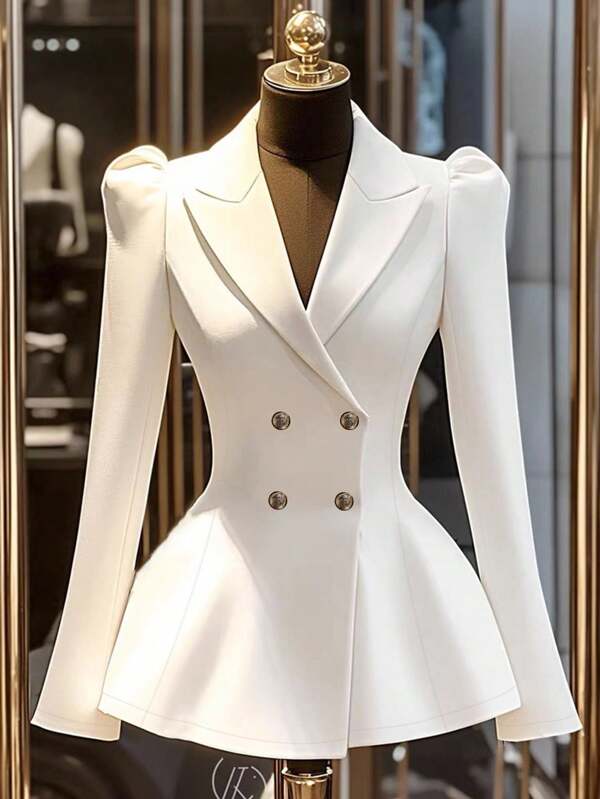 Franclia Elegant White Double-Breasted Cinched Waist Blazer For Commuting Fall Cloth For Women