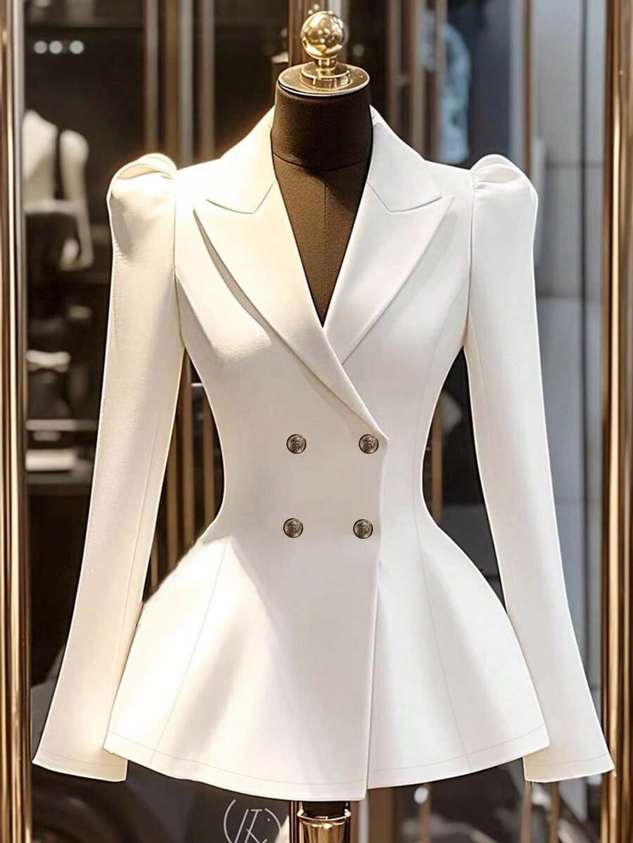Franclia Elegant White Double-Breasted Cinched Waist Blazer For Commuting Fall Cloth For Women - White - View 1