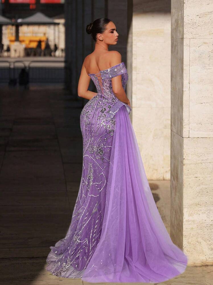 Glamrae Elegant Luxurious Sequin & Pearl Embellished Satin Sexy Thigh High Slit Mermaid Skirt With Side Drape, Suitable For Wedding, Party, Prom, Banquet (Heavy Embroidery) - Purple - View 2