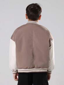 SUMWON Youth Varsity Bomber Jacket With Script Logo Design Casual Baseball Style Outerwear Fall Winter School Fashion With Text - Brown - View 3