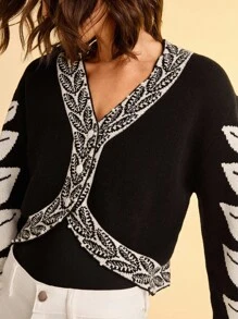 CAJUNI Áo khoác cardigan dáng rộng tay dài cổ chữ V họa tiết lá đen trắng dành cho nữ, đa năng cho mùa thu/đông - Đen và trắng - Xem 5