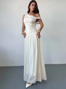 Firerie 女士优雅刺绣拼布不对称领连衣裙