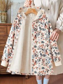 SHEIN Vintaside Kids Tween GirlsHooded Thickened Furry Retro Floral Mid-Length Jacket, Autumn/Winter Fall - Apricot - View 1
