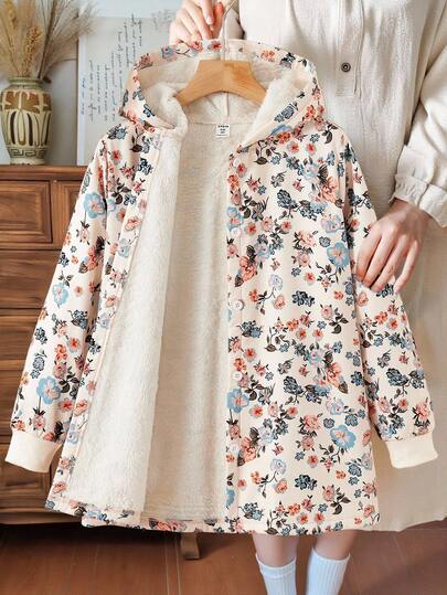 SHEIN Vintaside Kids Tween GirlsHooded Thickened Furry Retro Floral Mid-Length Jacket, Autumn/Winter Fall
