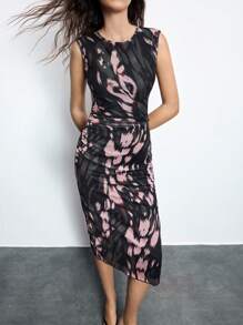 Maija 女士扎染印花圆领无袖荷叶边修身中长连衣裙，优雅