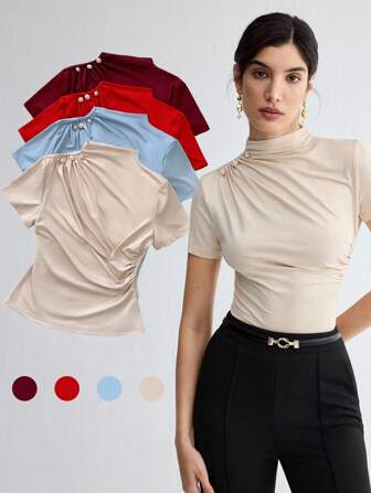 BizChic Camiseta de mujer con cuello alto, manga corta y plisada, básica, adecuada para salidas, oficina, casual de negocios, otoño