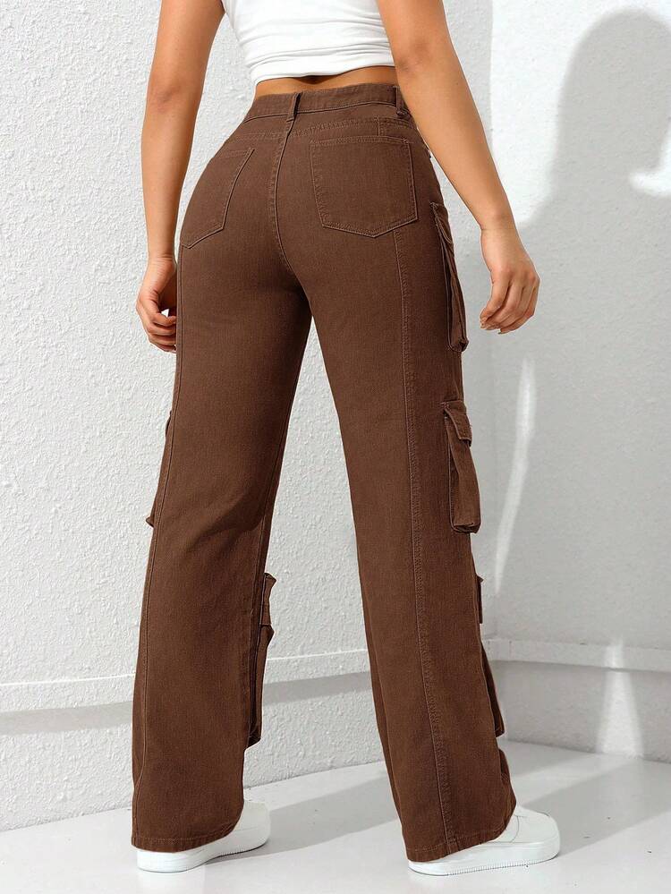 SHEIN ICON Quần jean ống đứng nhiều túi thường ngày dành cho nữ - Cà phê nâu - Xem 2