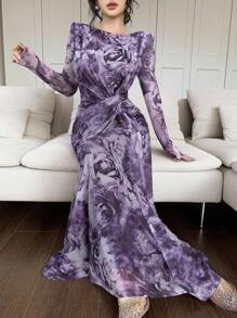 Feyla Women's Floral Print Round Neck Long Sleeve Twist Waist Elegant Dress - Purple - View 1