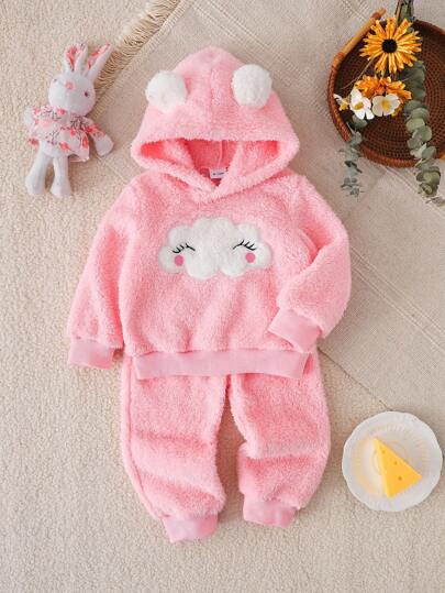 SHEIN Playful Pals 2 件女婴秋冬珊瑚绒连帽衫，带云朵刺绣和珊瑚绒裤套装，适合休闲穿着、户外旅行、派对