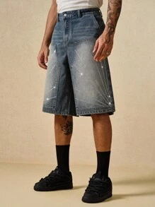 ROMWE MEN Street Life Men's Loose Fit Rhinestone Embellished Pocket Wide Leg Casual Denim Shorts - Blue - View 1