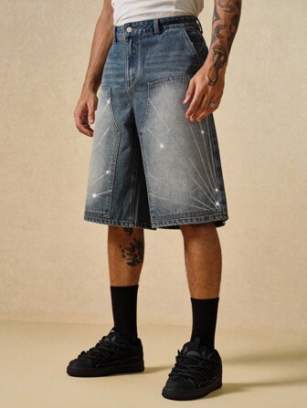 Street Life Pantalones cortos vaqueros casuales de pierna ancha con bolsillo con aplicaciones de rhinestones para hombre, corte holgado