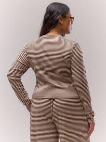 MUSERA Top Bordada de Manga Longa com Listras Plus Size, Elegante, Casual e Chique para Mulheres, Ideal para Férias, Primavera e Verão - Multicolorido - Visão 2