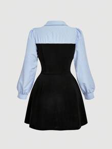 SHEIN MOD Plus Size Elegant Commuter Dress With Blue-White Stripe And Black Color Block, Faux-2 Pieces Appearance. Collared Dress. Long Sleeve Dress. Blue Striped Dress,Wimbledon Style,Wimbledon Outfit ,Fall Clothes For Women