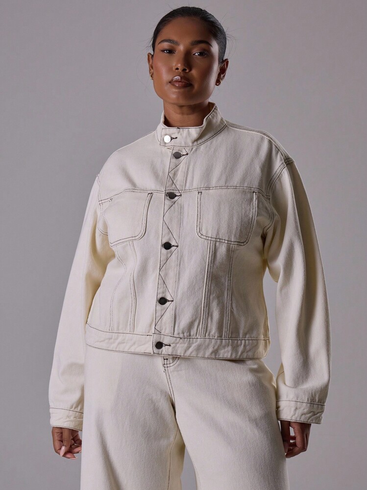 MUSERA Plus Áo khoác denim tối màu có cấu trúc Chỉ dành cho kỳ nghỉ hè dễ thương Kỳ nghỉ thanh lịch Kỳ nghỉ sang trọng Cô gái gợi cảm Dịp bình minh Đường cong - Màu be - Xem 1