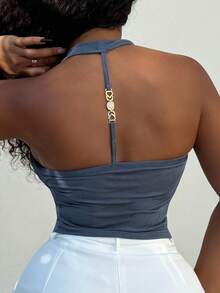 Alexandranx Gola drapeada azul empoeirada, fivela decorativa de metal, trajes femininos de cruzeiro, trajes dos anos 90, roupas femininas de outono/inverno, trajes de jantar, trajes femininos de aniversário, baile de formatura