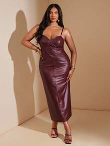 SHEIN BAE 秋冬大码女式酒红色连衣裙 - 酒紅色 - 查看 3