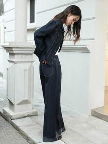 K-Vae Women's Autumn And Winter Dark Denim Jacket And Trousers Two Pieces Set, Old Money Style Denim Suit, Korean Style,Alloween Costumes,Chic Autumn - Dark Wash - View 2