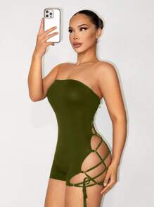 Zolique Women's Skin-Friendly & Comfortable All-Season Lace-Up Lifting Basic Solid Color Hollow Criss-Cross Strap Jumpsuit - Army Green - View 1