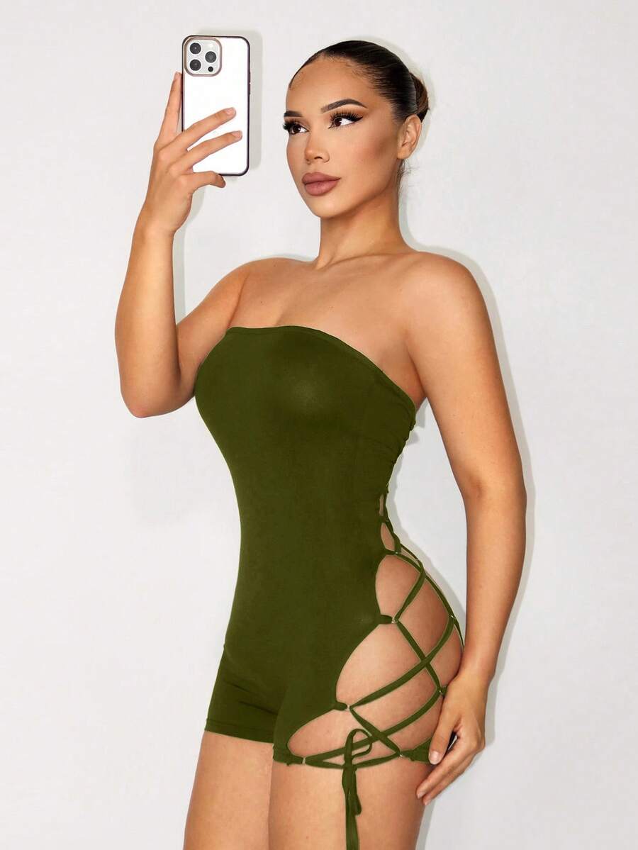 Zolique Women's Skin-Friendly & Comfortable All-Season Lace-Up Lifting Basic Solid Color Hollow Criss-Cross Strap Jumpsuit - Army Green - View 1