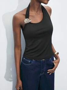 Maija Top de mujer de color liso, estilo sencillo y de moda, adecuado para el verano - Negro - Ver 4