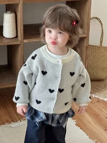 DAZY Baby Girls' Round Neck All-Over Heart Print Cute Long Sleeve Cardigan Fall/Winter - White - View 4
