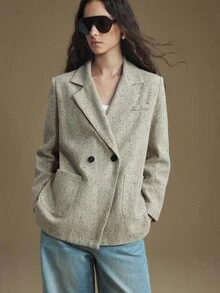 Ontre Women's Fashion Double-Breasted Thick Tweed Jacket, Suitable For Commuting Modern Urban Casual Fashion Business Office Wear Low-Key Old Money Style - Brown - View 3