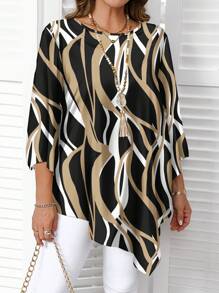 EMERY ROSE 大码休闲条纹几何图案圆领七分袖衬衫，春秋季 - 黑色 - 查看 3