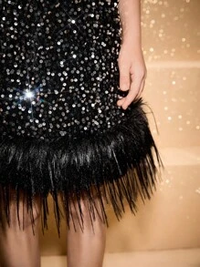 Elegant Glamorous Black Round Neck Beaded Fur Trim Mid-Length Dress For Tween Girls Suitable For Evening Party, Wedding, Birthday, Halloween, Christmas, Graduation, Holiday Fall Winter - Black - View 8