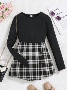 SHEIN Teen Girl Lettuce Trim Tee & Plaid Print Asymmetrical Hem Skort - Black - View 3