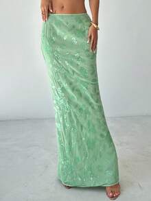 Firerie 优雅亮片刺绣美人鱼裙，亮片装饰女士 A 字裙，简约时尚，适合休闲日和派对舞会，奢华女士婚礼季节，优雅亮片刺绣修身低腰长款薄荷绿裙子，低腰亮片长裙 - 薄荷色蜜月女士婚礼宾客海岛度假造型毕业 - 綠色 - 查看 5