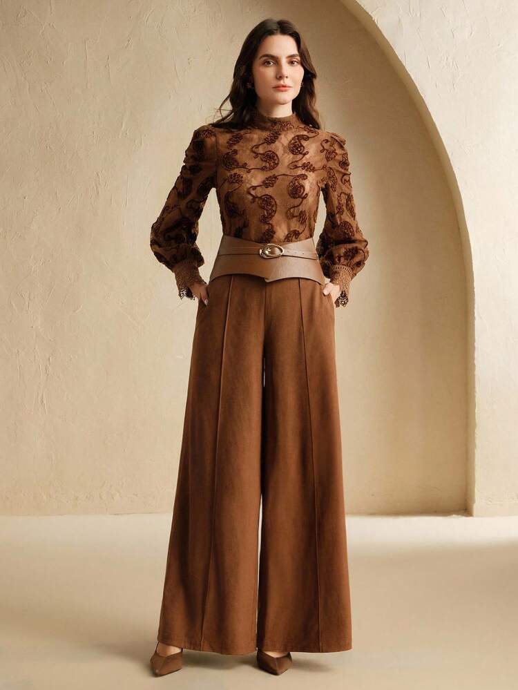 Women's High Waist Faux Suede Pockets Pants With Metal Belt, Pumpkin Brown, Suitable For Halloween