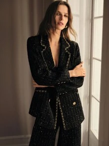 MOTF PREMIUM 粗花呢亮片双排扣西装外套 - 黑色 - 查看 2