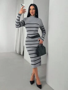 EURMUSE Vestido de punto acanalado con cinturón y rayas horizontales negras con CINTURÓN - Gris - Ver 5