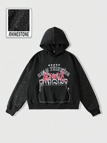 ROMWE MEN Street Life Áo hoodie in hình kim cương lấp lánh dành cho nam, kiểu dáng rộng rãi, dáng croptop - màu đen - Xem 1