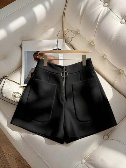 GlowEve Women's Solid Color Zipper Front Dual Pocket Casual Loose Shorts