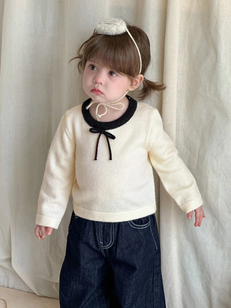 Baby Girls' Round Neck Bowknot Long Sleeve Sweater, Korean Style Fall, Winter Clothes