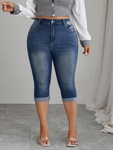 Elenzga Plus Size Women's Fashion Casual Embroidered Cuffed Pants - Dusty Blue - View 4
