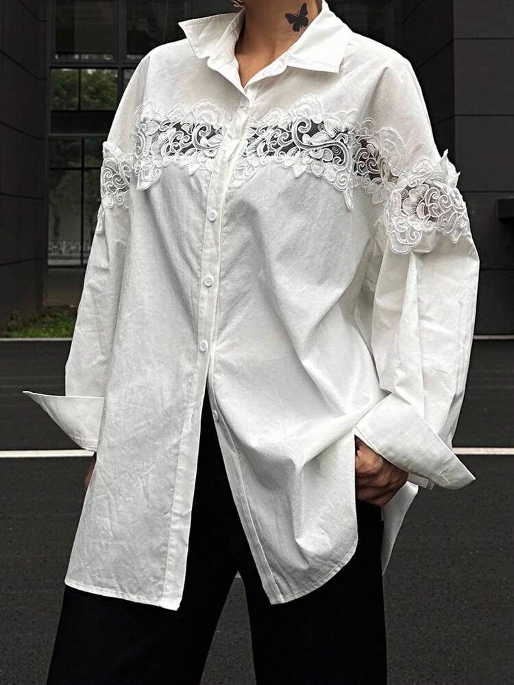 Women's Floral Embroidered Front Button Long Sleeve Elegant Blouse