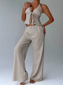 Flirla Textured Fabric Pleated Halter Neck Loose Wide Leg Pants Set - Grey - View 6
