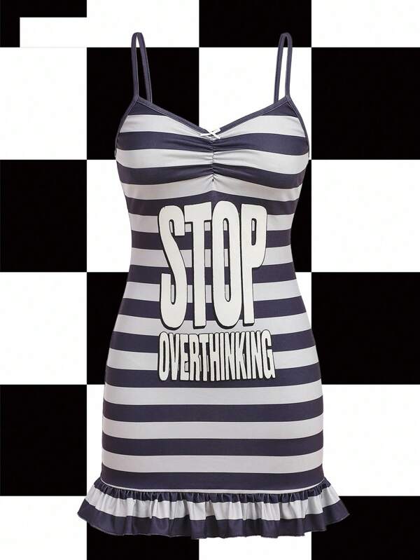 Y2Kool BiGraphic Vestido corto de mujer con escote en V y tirantes de espagueti, en colores azul marino, gris, block de color, a rayas, con eslogan "Stop Overthinking", lazo, estilo Y2K, casual, adecuado para verano, vacaciones, reuniones, fiestas y uso diario