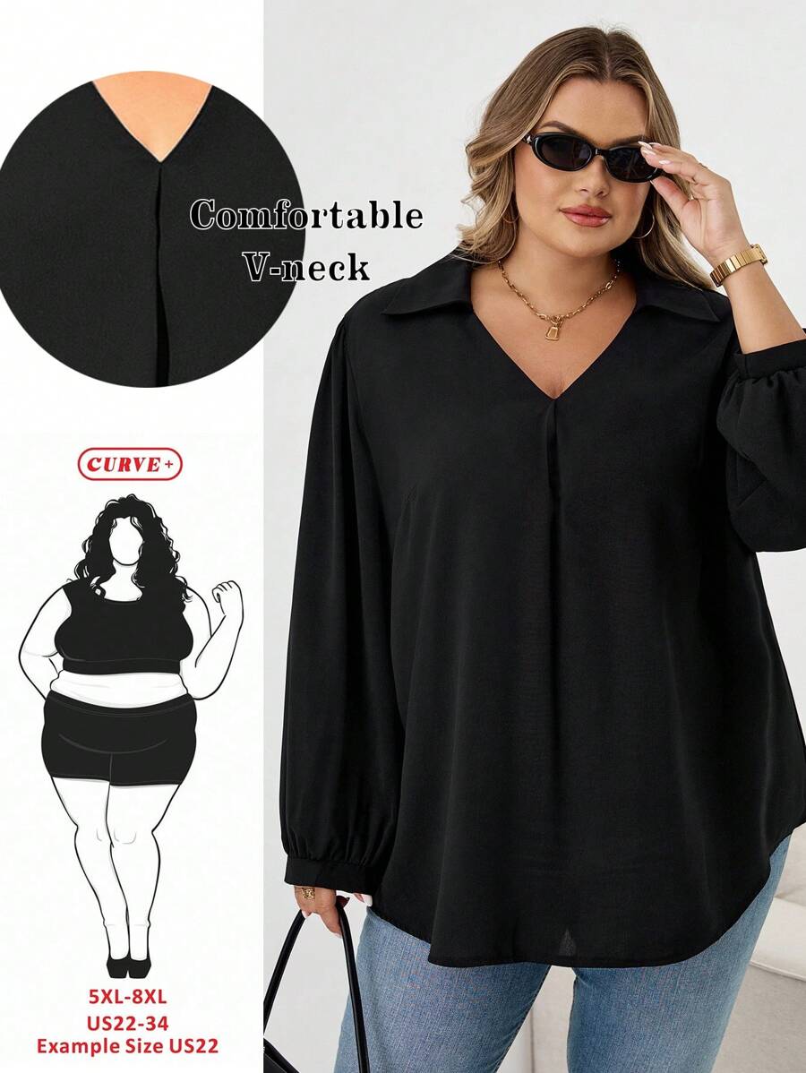 SHEIN CURVE+ Plus Size Women's Autumn And Winter Casual Loose And Comfortable V-Neck Black Long-Sleeved Shirt,Fall Women Clothes,Women Blouse,Curv Tops,Old Money,Black Top,Business Casual Women,Office Wear Women,W,Teacher Shirtsfall Clothes For Women,Winter,CURVE PLUS Plus Size Blouses Plus Size Black Shirt Plus Size V-Neck Blouse Plus Size Women Shirts Curvy Blouses